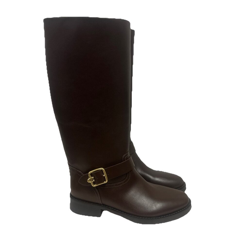 Coach Women’s 9.5 Madeline Buckle Tall Riding Boots Maple Brown Block Heel - Picture 2 of 11